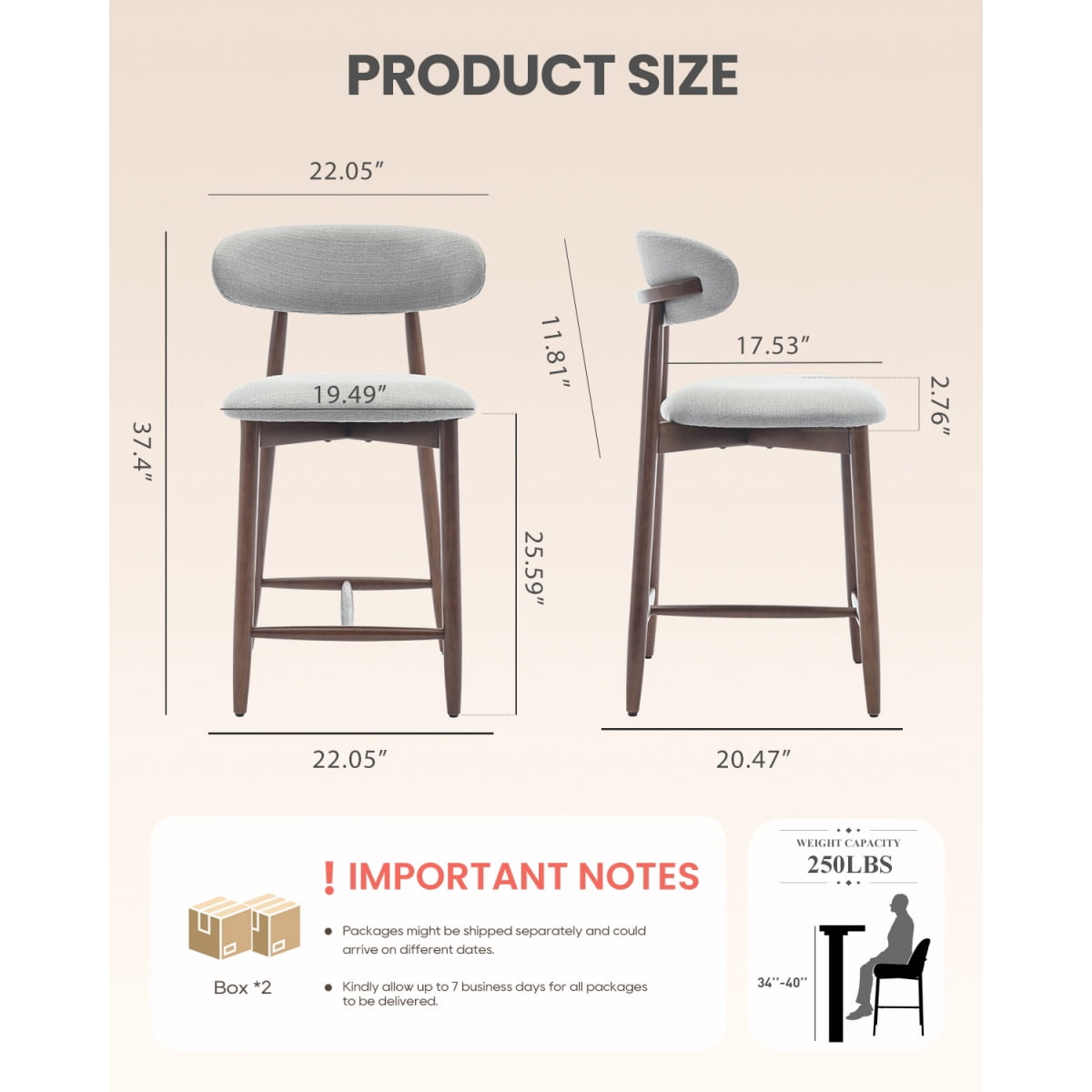 EOP Modern Bar Stools Set of 4, Upholstered 25.59″ Counter Height Bar Stools, Kitchen Island Barstools with Wood Legs for Kitchen Island Dining Room Bar, Light Gray