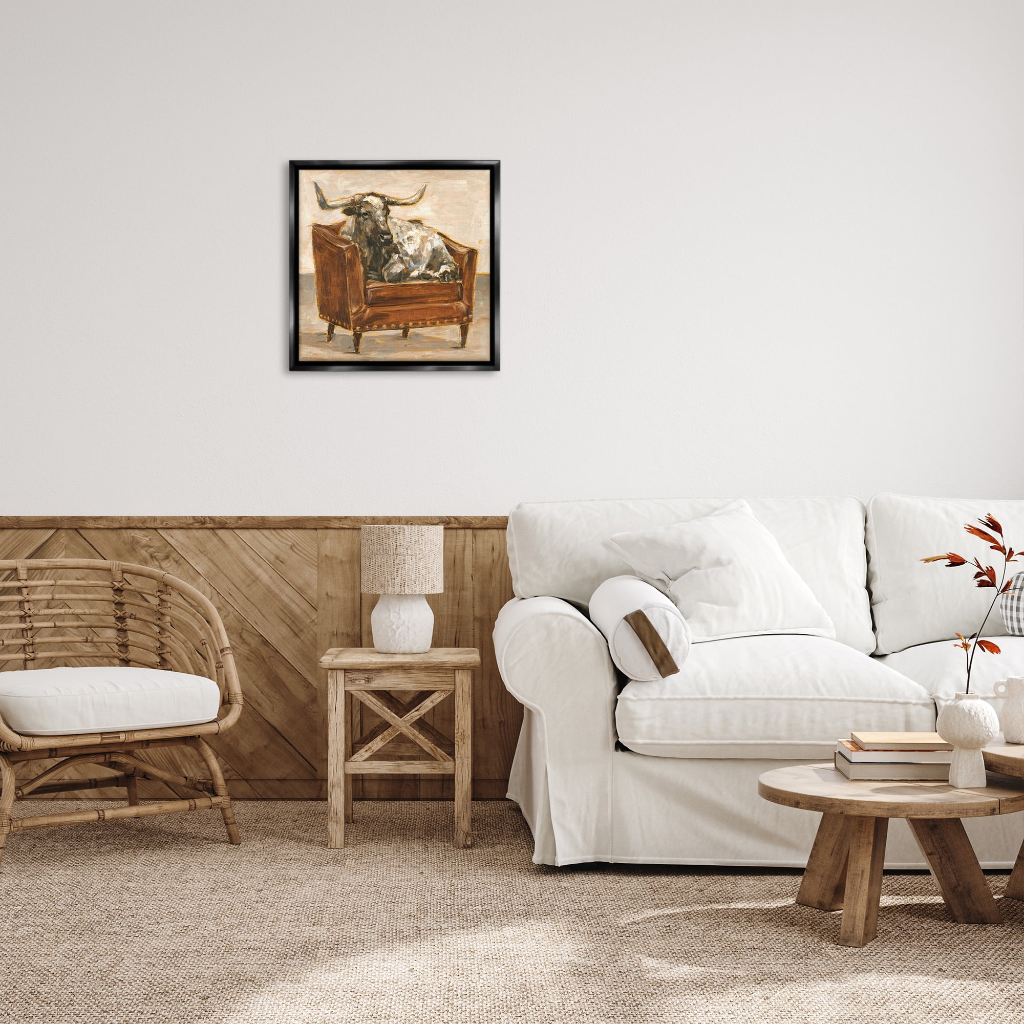 Stupell Industries Brown Bull Resting in Chair Painting Animals & Insects Painting Black Floater Framed Canvas Art Print Wall Art, 25 x 25
