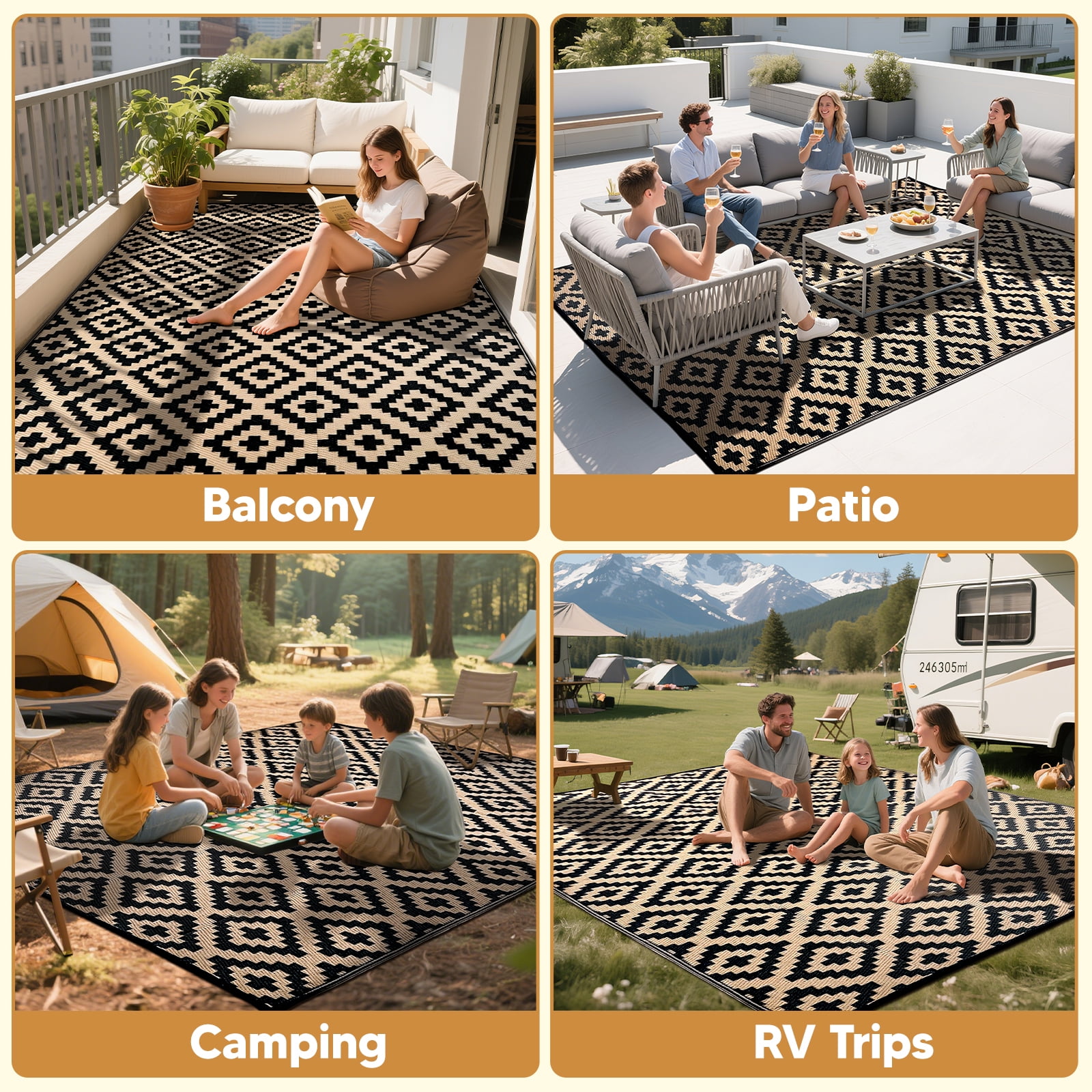 ZRSDIXK 5'×8' Outdoor Rug Waterproof Patio Carpet Outdoor Area Rug Large Plastic Straw Mat for RV Camping Porch Deck Balcony, Black and Brown