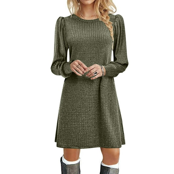 Womens Long Sleeve Fall Dresses Women's Fashion Solid Color Round Neck Knit Dress Puff Long Sleeve Dress Long With Pocket,Green,2XL