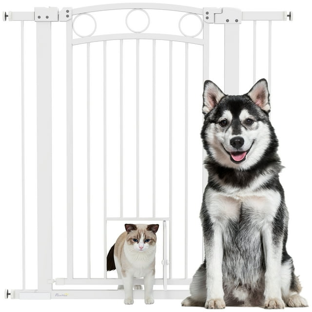 PawHut Dog Gate with Cat Door, 2 Extension Kits, 30"-41" Width, 42" High