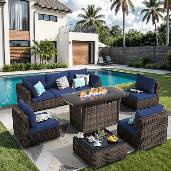 TANGJEAMER Outdoor Garden 8 Piece Patio Furniture with 43" 55000BTU Gas Propane Fire Pit Table Rattan Wicker Sectional Set