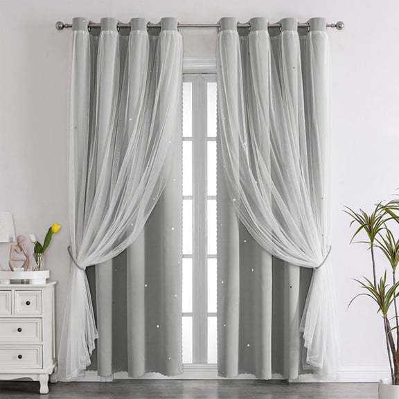 Double Layer Blackout Curtains, 2 in 1 Sheer and Blackout Curtains Thermal Insulated Star Pattern Room Darkening Drapes for Bedroom Living Room