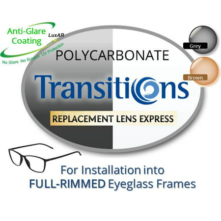 Single Vision Transitions Polycarbonate Prescription Eyeglass Lenses, Left and Right (One Pair), for installation into your own Full-Rimmed Frames (Anti-Scratch & Anti-Glare Coating Included)