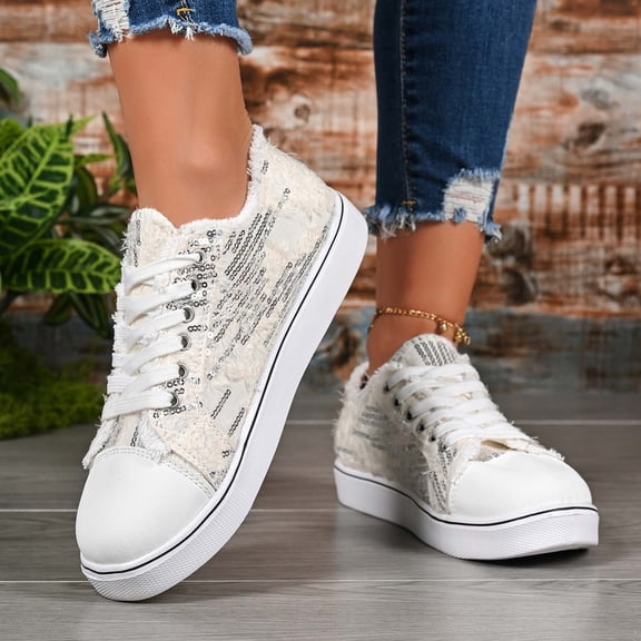 Womens Sparkly Sneakers Glitter Shiny Sequin Tennis Shoes Low Cut Lace Up Y2k Mardi Gras Shoes (White 43)