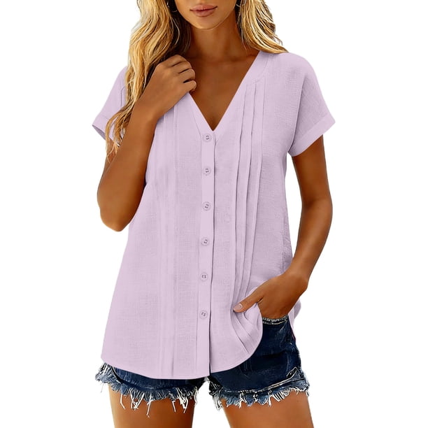 Camisetas de Manga Corta Extra Larga para las Mujeres con Cuello en V Botón Placa con Cuello Blusa de Túnica, Camisa de Manga Larga Azul Claro Mujeres