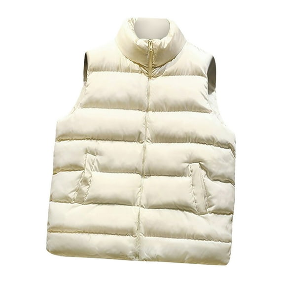 REORIAFEE Puffer Vest Women Sleeveless Winter Outerwear Warm Puffer Lightweight Fashion Stand-up Collar Down Vest PoShort Jacket Sleeveless Stand-up Collar Zipper Outerwear White L