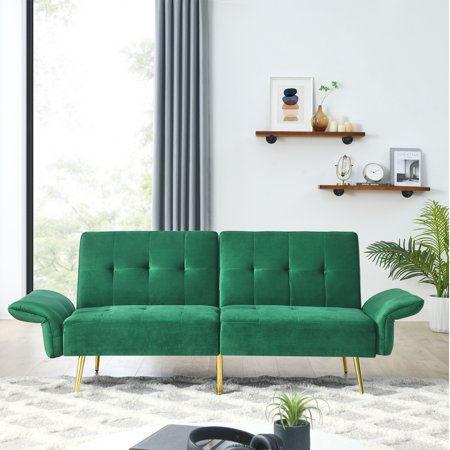 XNGGNG Green 280g Italian Velvet Futon Sofa Bed - Convertible Stylish Sleeper Loveseat Couch with Folded Armrests and Storage Bags for Living Room and Small Space