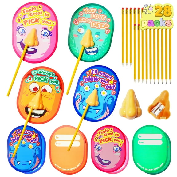 Joyfy 28 Packs Valentine Day Cards with Nose Pencil Sharpeners for Kids,Funny Nose Sharpeners Valentines Gifts, Valentine Favors, Class Exchange Pack Bulk (28 Cards,28 Nose Sharpeners,28 Pencils)