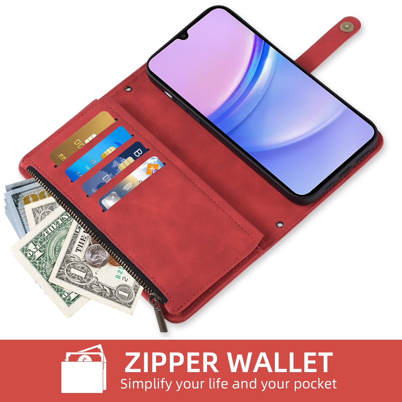 Asuwish Phone Case for Samsung Galaxy A15 5G/4G Wallet Cover With Tempered Glass Screen Protector Crossbody Wrist Strap Flip Pattern Zipper Credit Card Holder Stand Cell A 15 G5 15A Women Men Red