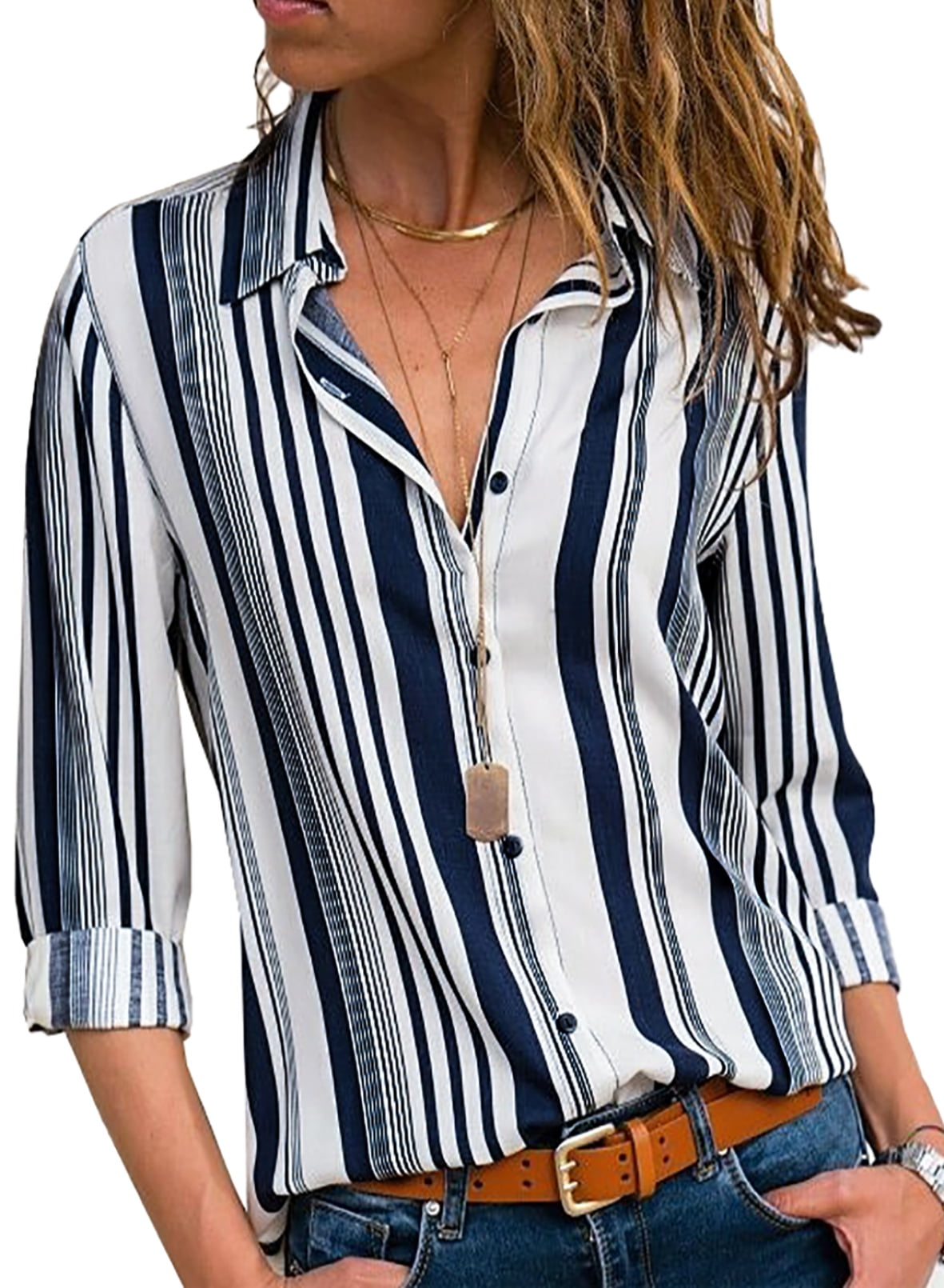 SHEWIN Womens Work Blouses Casual V Neck Blouse Striped Button Down