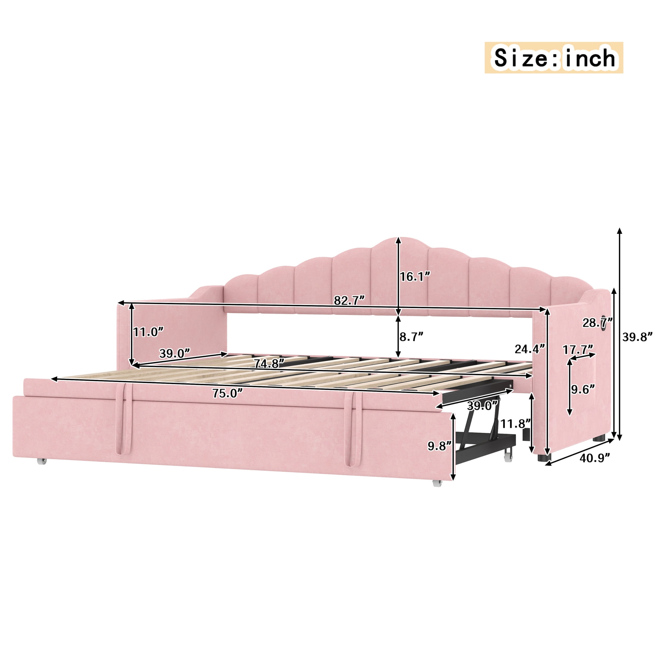 Noble House Upholstered Twin Size Daybed with Adjustable Height Pop Up Trundle Twin Bed and Charging Port 2 Side Pockets,Pink