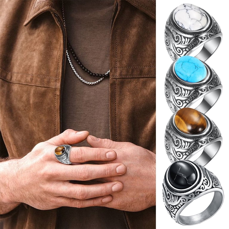 Mfigree Retro Jewelry Turquoise Stone Rings For Men Titanium Steel