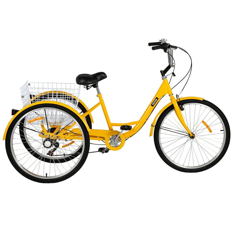 VEVOR Adult Tricycle 20 inch, 7-Speed Three Wheel Bikes, Yellow Tricycle  with Bell Brake System, Bicycles with Cargo Basket for Shopping 