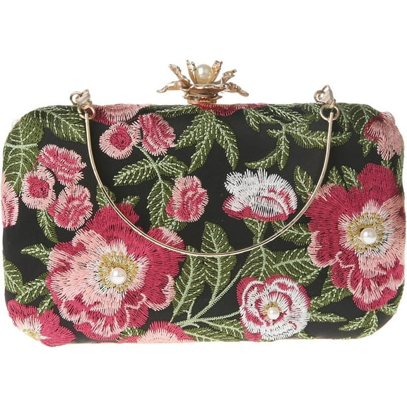 Womens Vintage Floral Embroidery Clutch Evening Handbag Shoulder Bags Purse for Wedding Party Prom