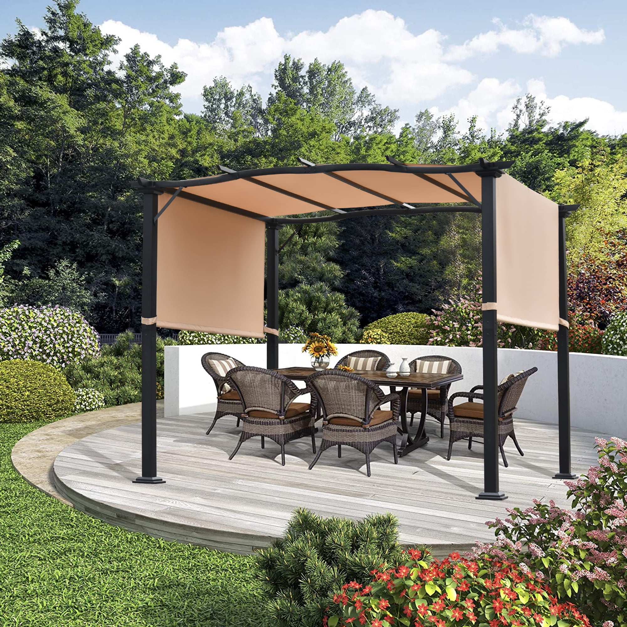 CoastShade 10x8 Pergola Gazebo Canopy Outdoor Patio Garden Steel Frame Sun Shelter with Retractable Canopy Shades，Bluetooth 