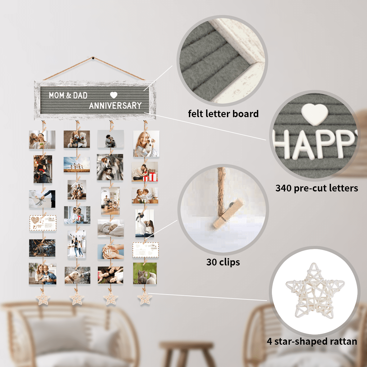 Picture Frames Collage Wall Decor , Rustic Felt Letter Board with 340 Letters and 30 Clips, Unique DIY Multi Photo Frame for Dorm Room Decor Family Birthday Gifts