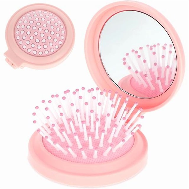 wonima44 Travel Hair Brush with Mirror, Folding Mini Hair Brush Round Pocket Brushes Compact Travel Brushes for Hairs, Foldable Mini Purse Mirror Portable Massage Comb for Women and Girls, Pink