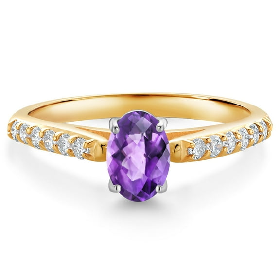 Gem Stone King 10K Two Tone Gold Purple Amethyst and White Lab Grown Diamond Engagement Ring for Women (0.93 Cttw, Gemstone February Birthstone, Oval Checkerboard 7X5MM, Size 9)