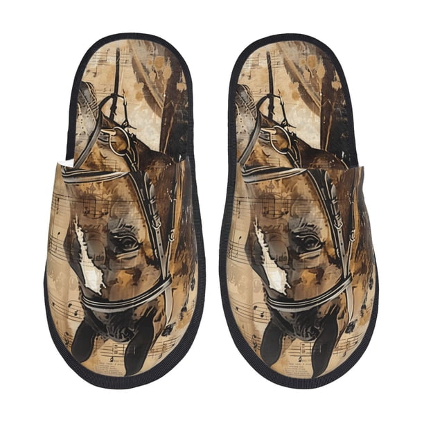 Fotbe Musical Horse Vintage Collage Pantuflas Peludas para Mujer con Estampado, Zapatillas de Peluche, Zapatos de Invierno para Casa, Uso Interior y Exterior-Large