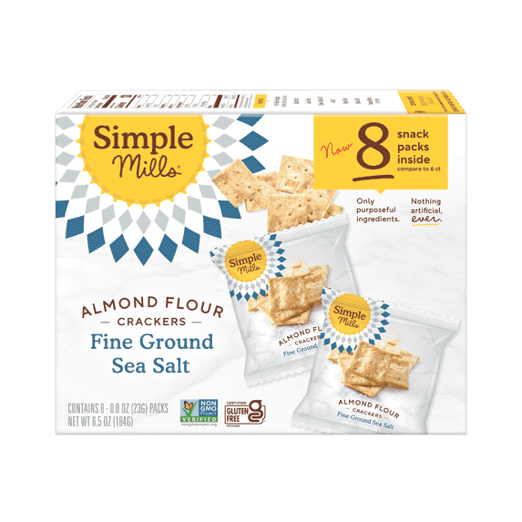 4 Pack - Simple Mills Almond Flour Crackers, Fine Ground Sea Salt Snack Crackers Snack Packs, 0.8 oz, 8 Count