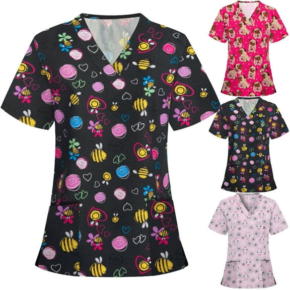 Jinhomg Women's Cute Scrub Tops Funny Animals Printed Nurse Uniform Stretchy Comfy Short Sleeve V Neck Medical Scrubs with Pockets Winter Saving Hot Pink XXL