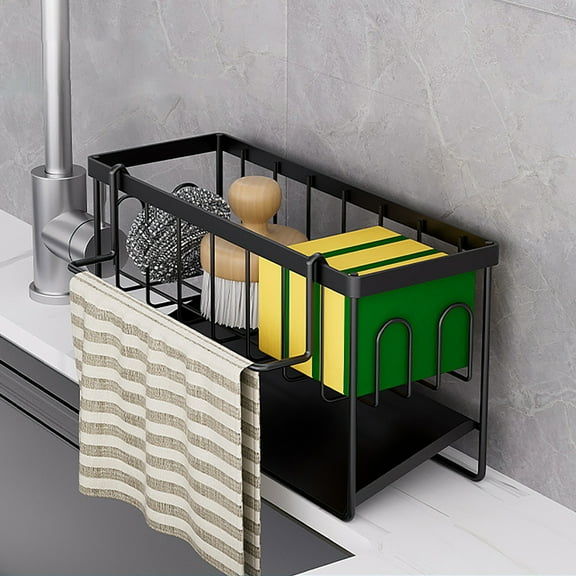 Sponge Holder for Kitchen Sink, Caddy Organizer with Auto Drain Tray,Self Drain Dish Soap Sponge Caddy Rack , Sponge Soap Dispenser Brush Holder Storage for Countertop