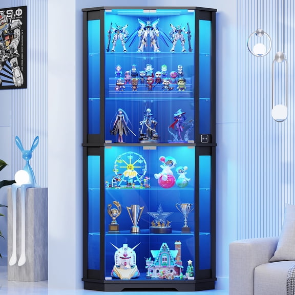 BROTTAR 71" Corner Display Cabinet with Glass Doors for Collectibles, 6-Tier Glass Display Case with 3-Color Lights & Human Body Sensor, Curio Cabinets with Adjustable Shelves for Living Room, Black