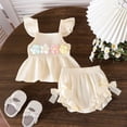 thumbnail image 4 of Huanglei Summer Baby Girls Outfit With Puff Sleeve Floral Top And Bow Tailored Shorts For Cute Everyday Wear Solid Color Outfits Set ,6-12 Months ,Beige, 4 of 5