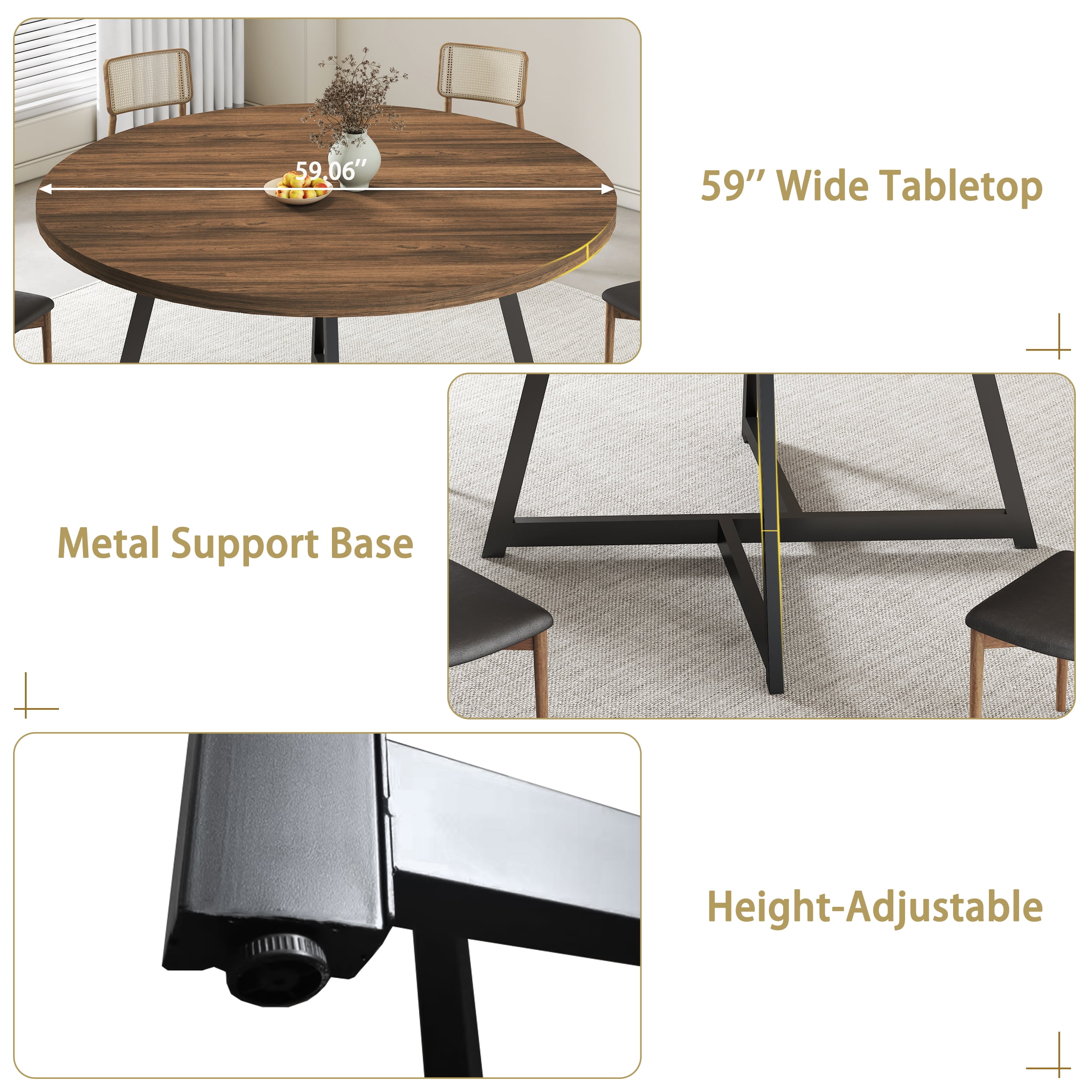 JassmiPkwy Round Dining Table for 4-8 People,Kitchen Dining Room Circle Dinner Pedestal Table,Space Saving Wood Kitchen & Dining Room Furniture (Brown, 59In)