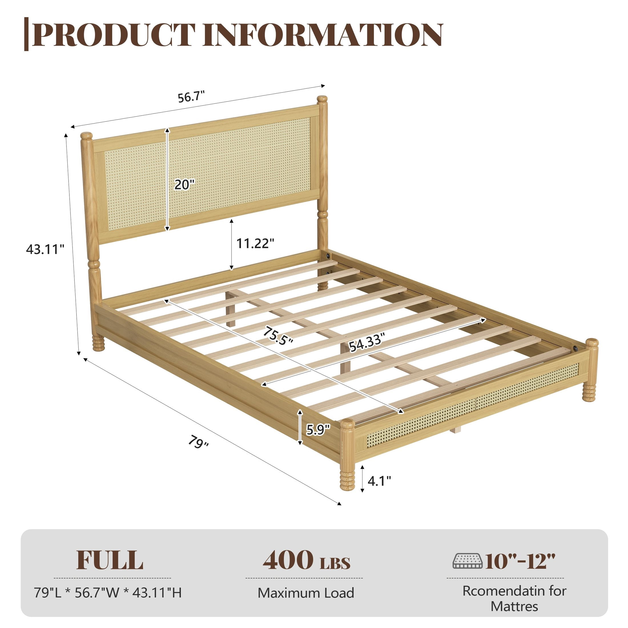 GDF Studio Annes Full Size Boho Rattan Platform Bed Frame with Turned Legs, Woven Cane Pine Wood Bed Frame, Natural