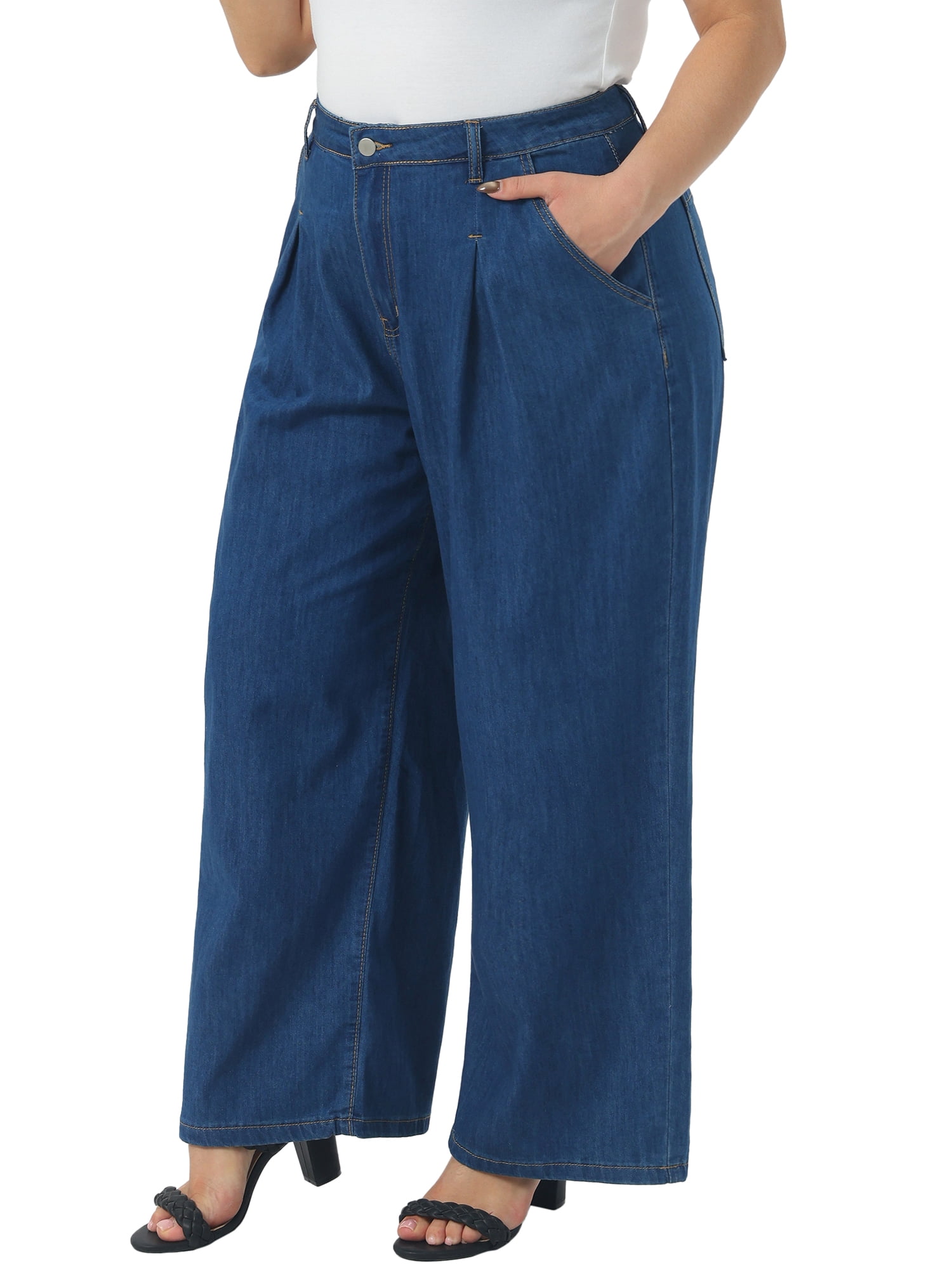 DARING DIVA Women's Plus High Waisted Loose Stretchy Y2K Trousers Denim Pants 1X Blue