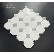 10-Pieces of Thassos White Marble Octagon and Dot Mosaic Wall and Floor Tiles