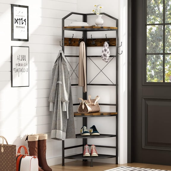 LinkRomat 4-Tier Corner Hall Tree with Hooks and Shoe Storage, Industrial Entryway Coat Rack with Bench, Rustic Wood and Metal Organizer for Small Spaces