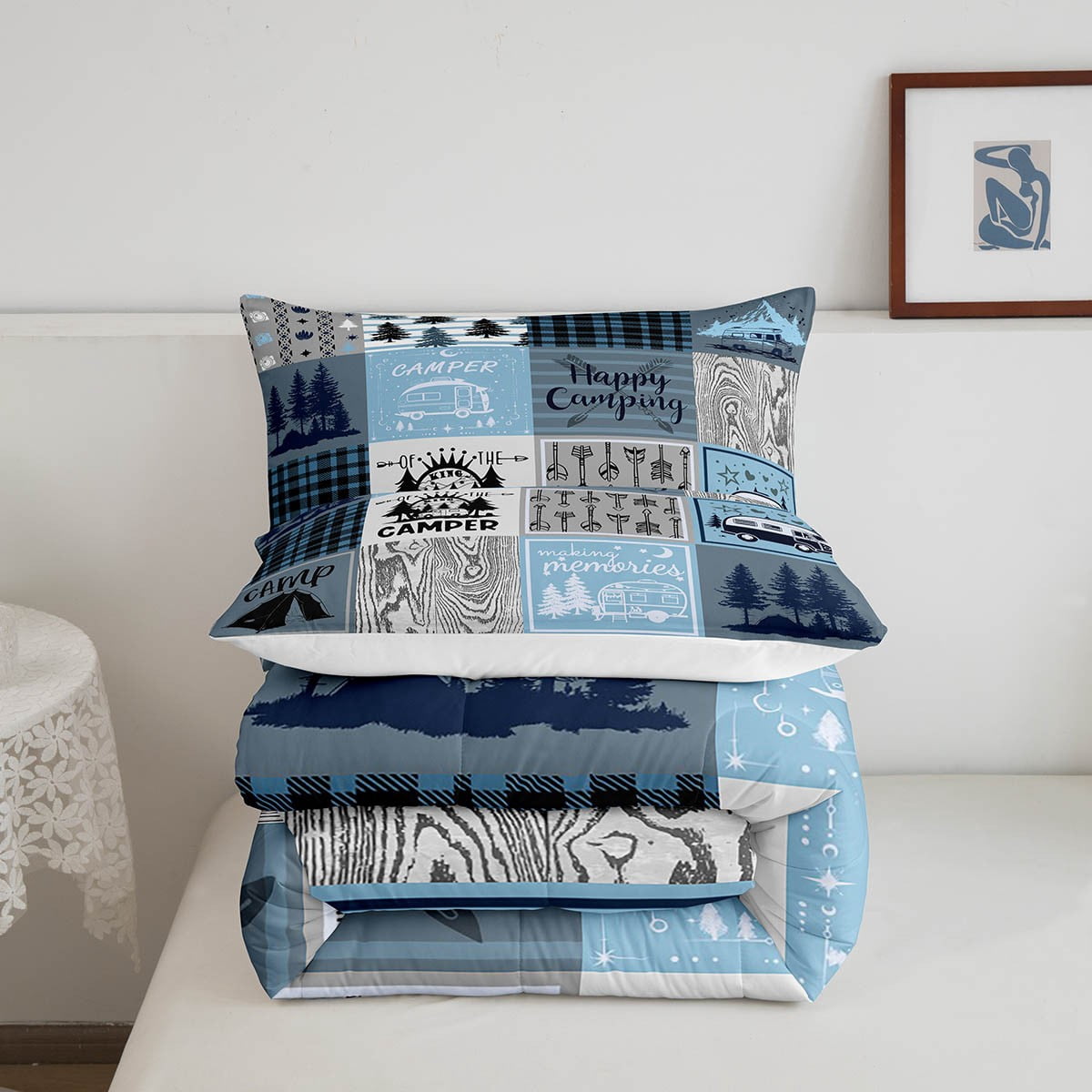 Erosebridal Camper Comforter Set Full Happy Camping Bedding Set Rv Bunk Accessories Comforter For Travel Trailers,Blue Grey Rustic Buffalo Plaid Arrow Pine Tree Quilt Duvet