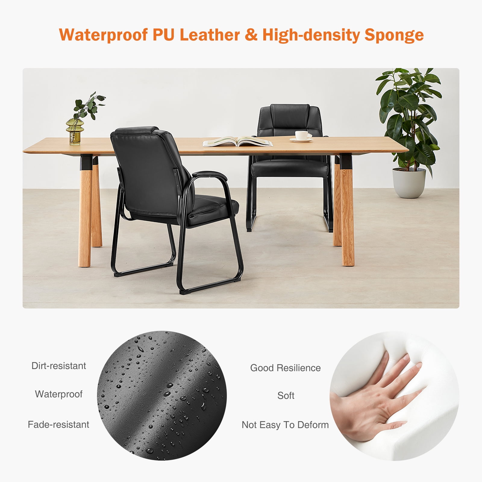 MAYEERTY Guest Chair, Reception Chair with Fixed PU Leather Padded Armrests for Office Waiting Room, Black, 1 Pack