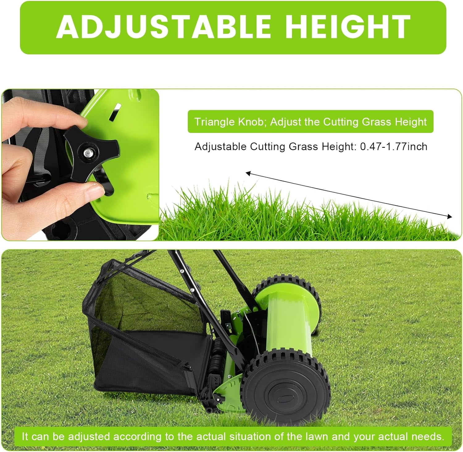 24.01 x 17.32 x 42.91 Inch Manual Lawn Mower, 6 Gallons Adjustable Push Mower 5 PCS Old Fashioned Reel Lawn Mower with U-Shaped Handle & Extension Pipes Rotary Mower for Sidewalks, Driveway