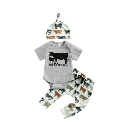 

MissiMae 3Pcs Baby Going Home Outfits Short Sleeve Cow Print Romper + Pants + Top Knot Hat Set for Summer 0-18M