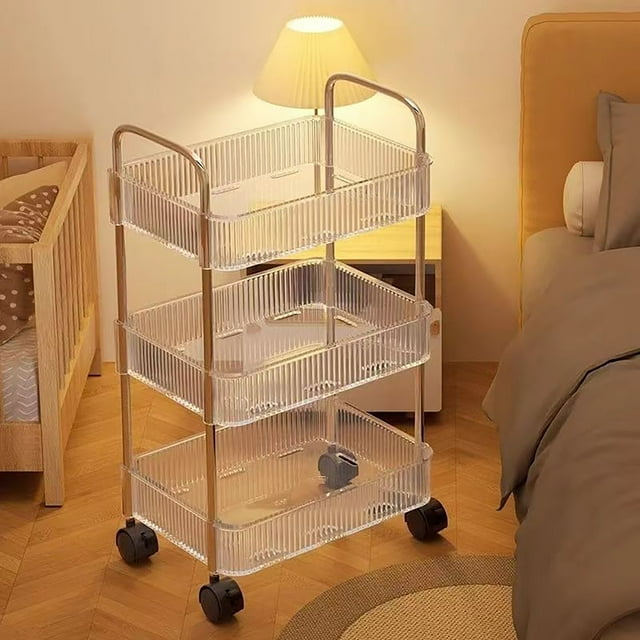 Chariot de Rangement Roulant à 3 Niveaux / Chariot Utilitaire Mobile Transparent avec Roulettes Pivotantes à 360° / Organisateur Multi-Pièces pour Cuisine Salon Bureau Salle de Bain / 1 Pack 13x8.3x26 Po