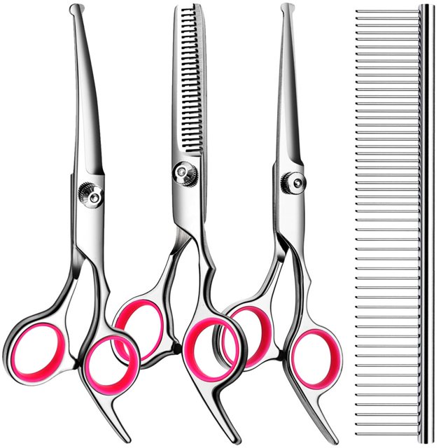 HLONK 5 in1 Dog Grooming Scissors Kit Professional Dog Scissors for Grooming with Safety Round Tips Titanium Coated Grooming Shears for Dogs Cat Pet At Home