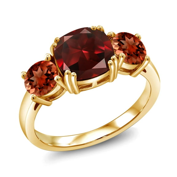 Gem Stone King 18K Yellow Gold Plated Silver Red Garnet 3-Stone Engagement Ring for Women | 3.60 Cttw | Gemstone Birthstone | Cushion 8MM | Three Stone Wedding Engagement Anniversary Ring | Size 5