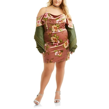 Juniors' Plus Marilyn Neckline Floral Print Velvet Bodycon Dress
