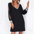 thumbnail image 6 of ASFGIMUJ Women Shiny Mesh Stitching Glamorous Black V Neck Mini Dress Long Sleeve Dress Silk Cotton A Line Dress plus Size Fancy Dress Casual Dresses for Women Long Sleeve Summer Dresses, 6 of 9