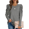 thumbnail image 2 of Top de corte informal para mujer, cuello redondo, mangas abullonadas, Color puro, transpirable, Top para mujer para ir de compras, gris claro L, 2 of 6