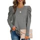 thumbnail image 2 of Top de corte informal para mujer, Top con cuello redondo y mangas abullonadas, Top transpirable de Color puro para ir de compras, 2 of 6
