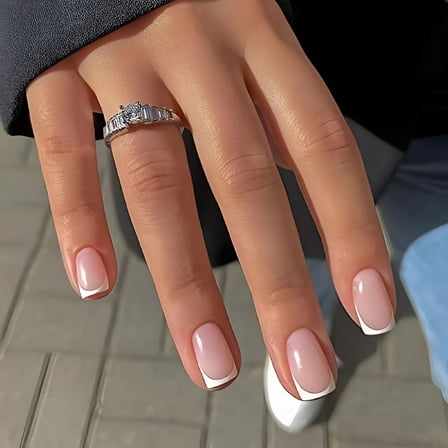 RAGUPEL Short French Tip Press on Nails Square Shape Fake Nails French White Nails Full Cover Glue on Nails for Women Glossy Nude Pink Stick on Nails Static Nails for Manicure Decorations, 24pcs