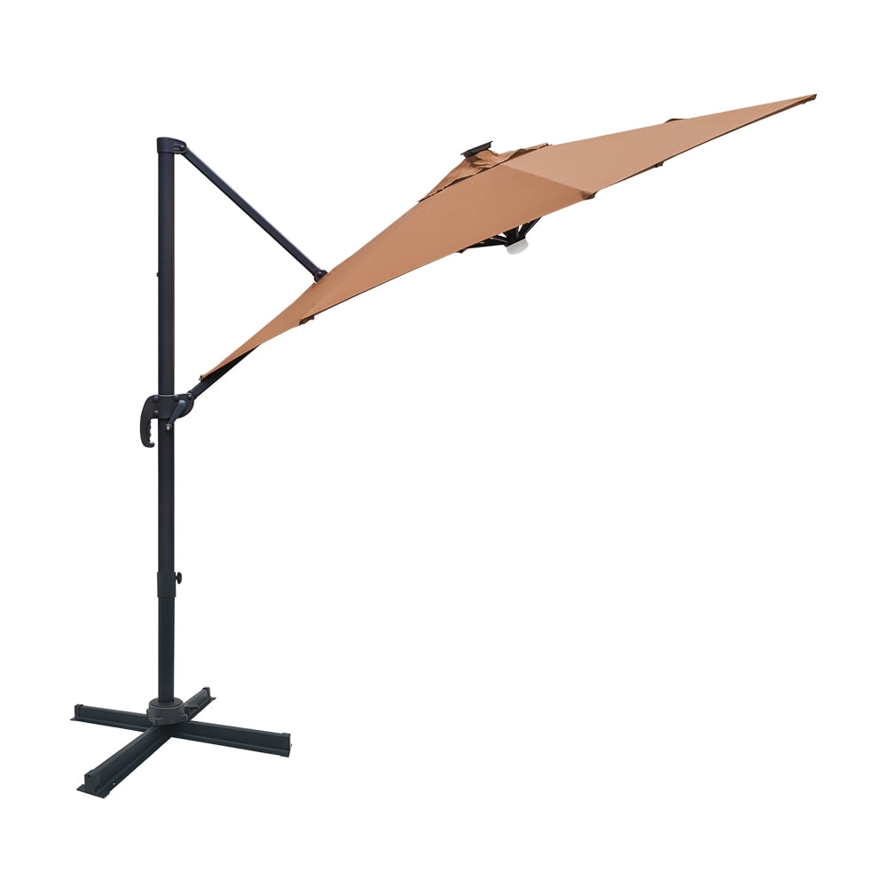 Abble 10 ft. Patio Umbrella 360-Degree Aluminum Rotation Hanging Offset Cantilever Umbrella Solar Lighted Market Umbrella, Tan
