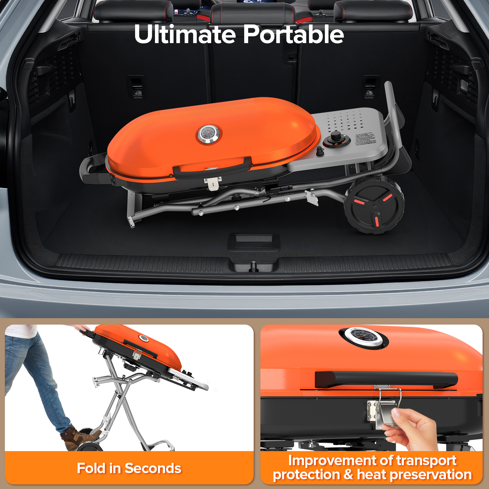 LHRIVER Portable 348 sq.in Stand-Up Propane Grill, 15000 BTU Folding Gas Grill Cart with Side Table & 2 Wheels for Camping, Patio, Orange