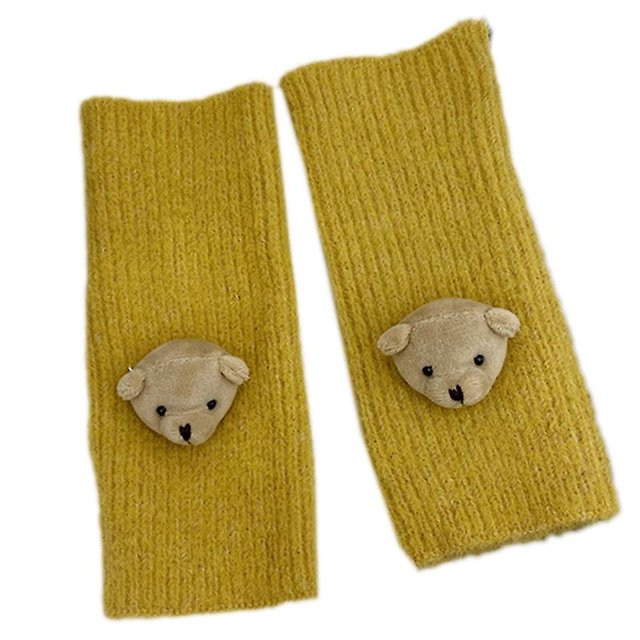 Guante de medio dedo de invierno con decoración de oso de peluche, manoplas de punto largas para niña