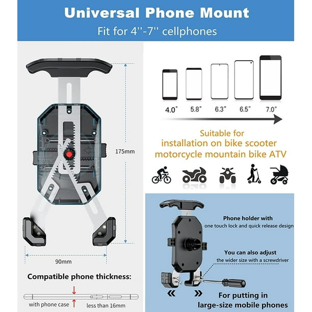 BRCOVAN Motorcycle Phone Mount, One-Touch Auto Lock Bike Phone Mount, ATV  Bicycle Scooter Cell Phone Holder Cradle with Aluminum Alloy Handlebar  Mounting Base for 4''-7'' Cellphone 